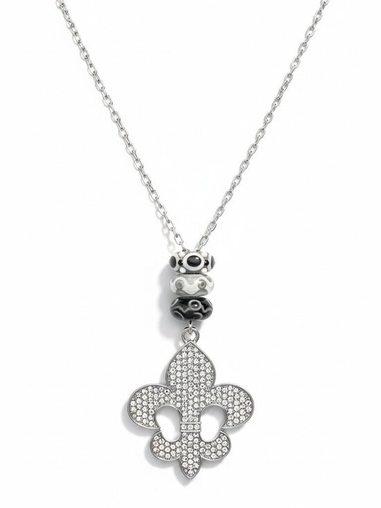 boutique Jewelry - Silver Tone Fleur De Lis Rhinestone Pendant Necklace Black Bead Accents